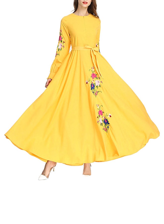 Floral Print Round-Neck Maxi Dress Yellow - Image 1