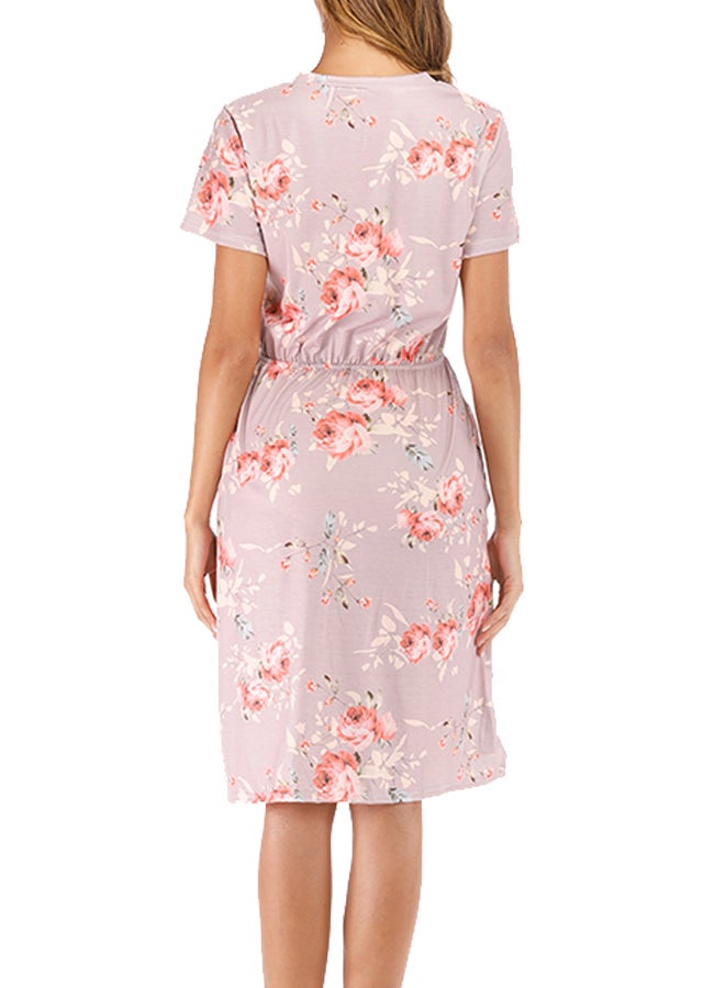 Floral Printed Summer Round Midi Dress With Pocket Pink - Image 2