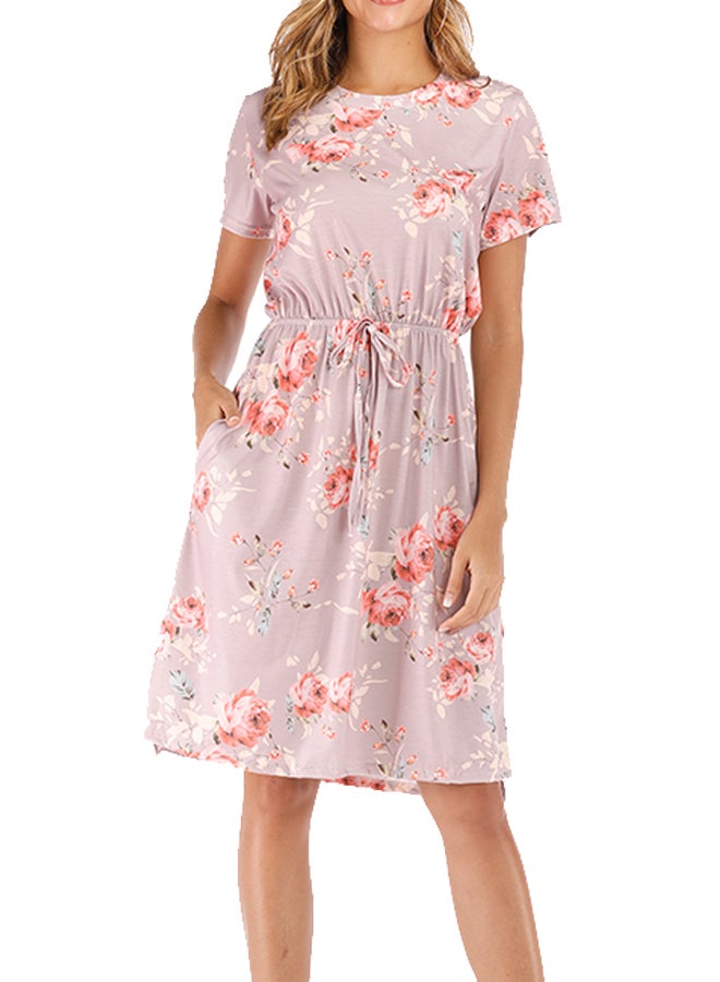 Floral Printed Summer Round Midi Dress With Pocket Pink - Image 1