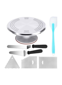 7-Piece Revolving Cake Stand With Angled Icing Spatula Silver/Black
