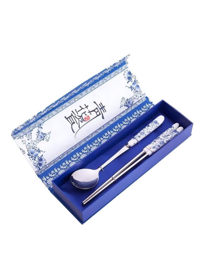 hainouankong 2-Piece Steel Chopsticks And Spoon Set Silver/White/Blue  - Image 1