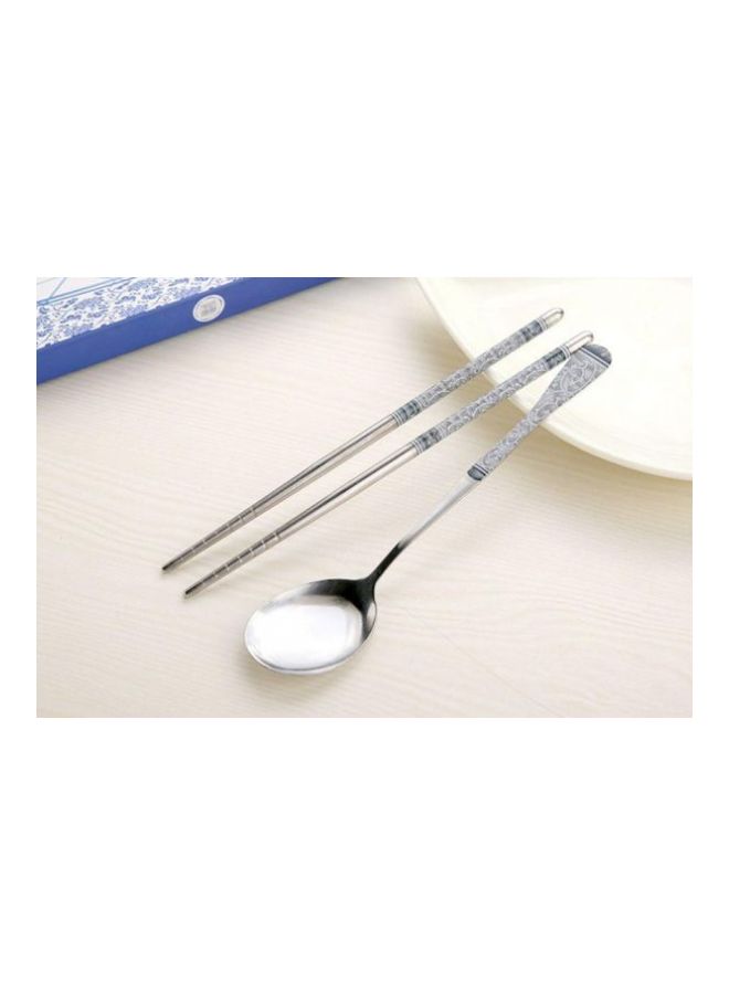 hainouankong 2-Piece Steel Chopsticks And Spoon Set Silver/White/Blue  - Image 2