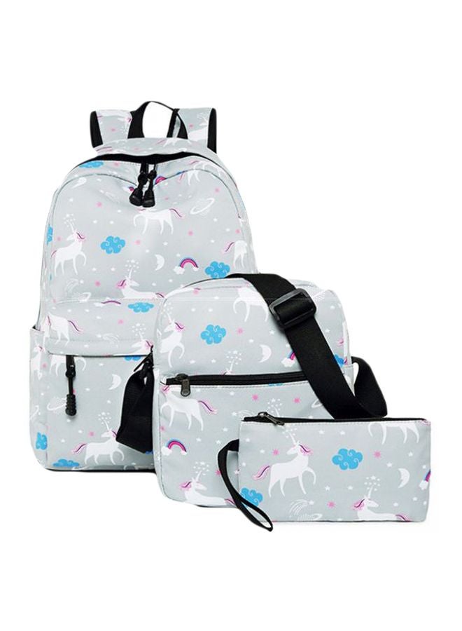 Generic 3-Piece Unicorn Printed Backpack Set Grey/White/Blue 