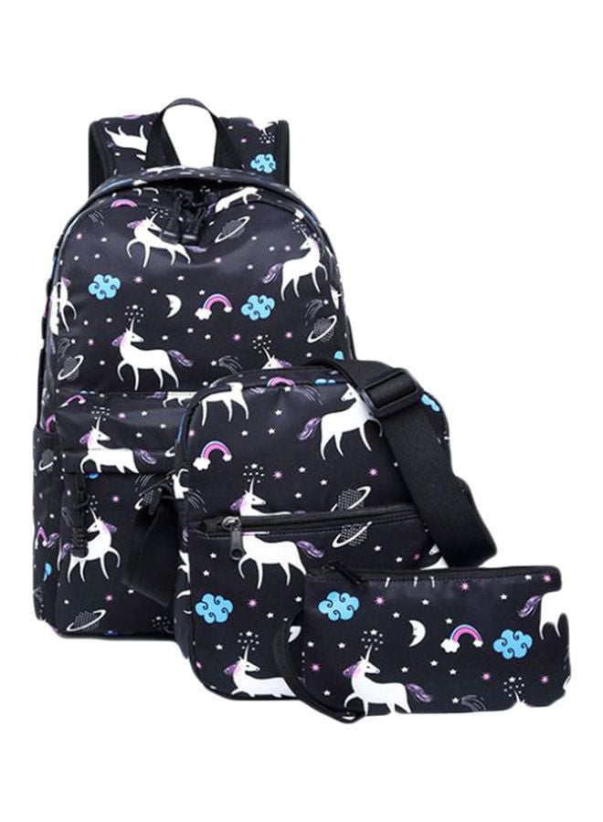 3-Piece Unicorn Printed Backpack Set Black/White/Blue - Image 1
