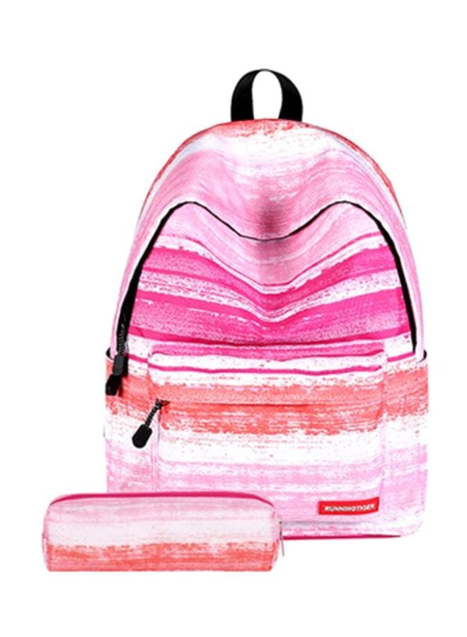 2-Piece Printed Canvas Backpack With Pouch Pink/White - Image 1