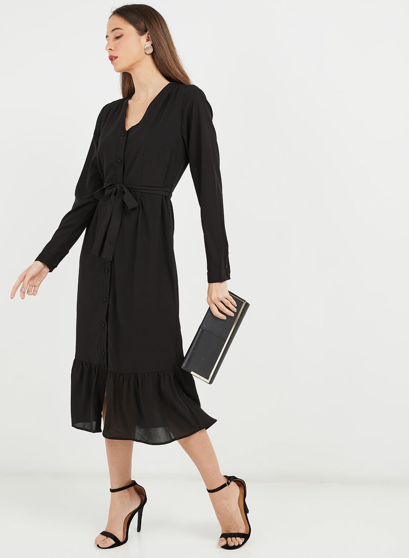 PIECES - Tie Waist Long Sleeve Dress Black - Image 1