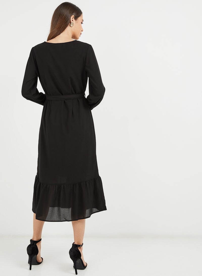 PIECES - Tie Waist Long Sleeve Dress Black - Image 1