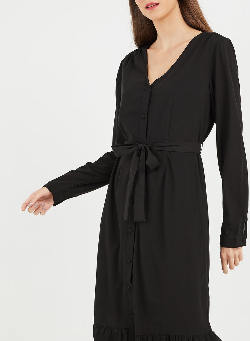 PIECES - Tie Waist Long Sleeve Dress Black - Image 1