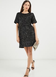 PIECES Sequinned Short Sleeve Dress Black  - Image 3