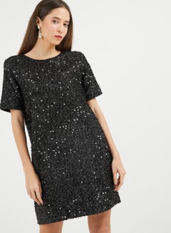 PIECES Sequinned Short Sleeve Dress Black  - Image 1