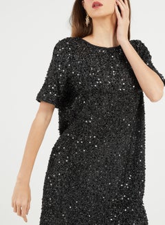 PIECES Sequinned Short Sleeve Dress Black  - Image 4