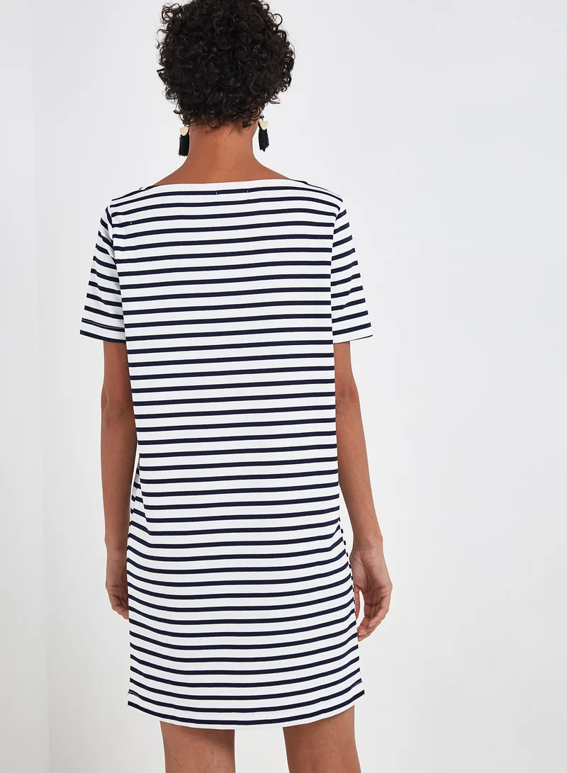 PIECES Striped Short Sleeve Dress Black/White