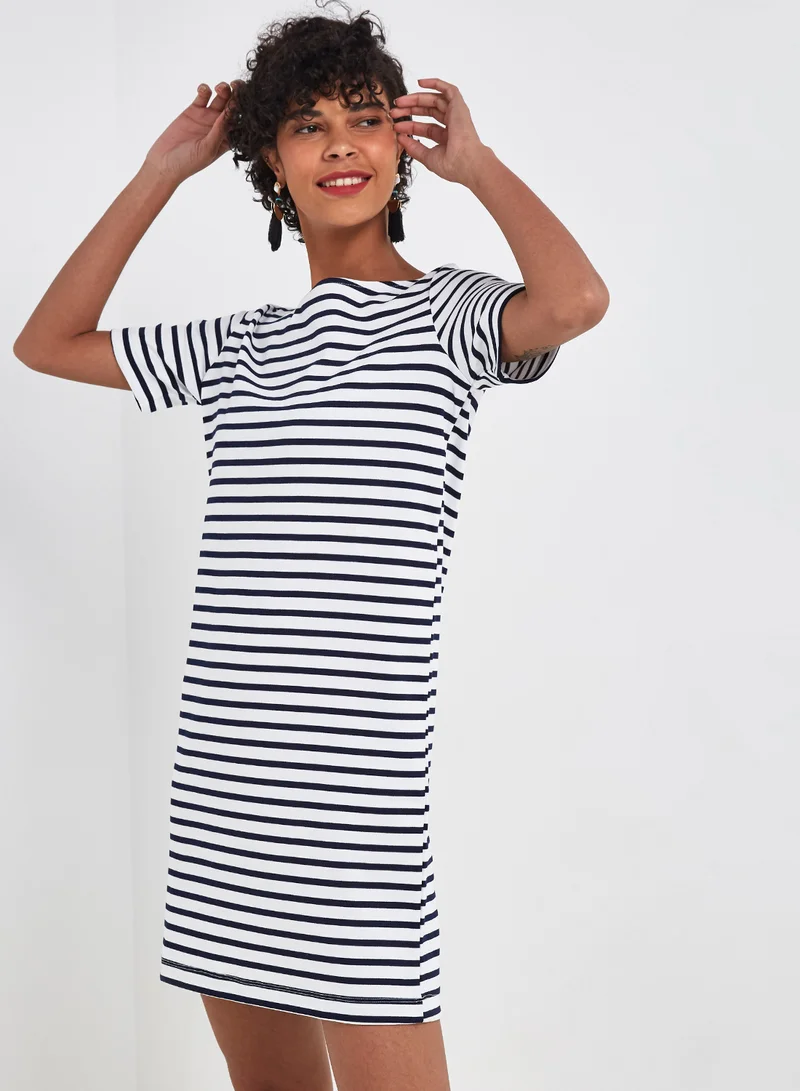 PIECES Striped Short Sleeve Dress Black/White