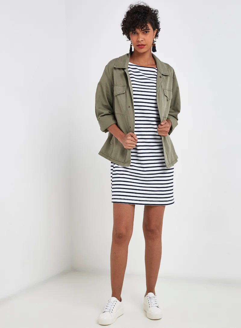 PIECES Striped Short Sleeve Dress Black/White