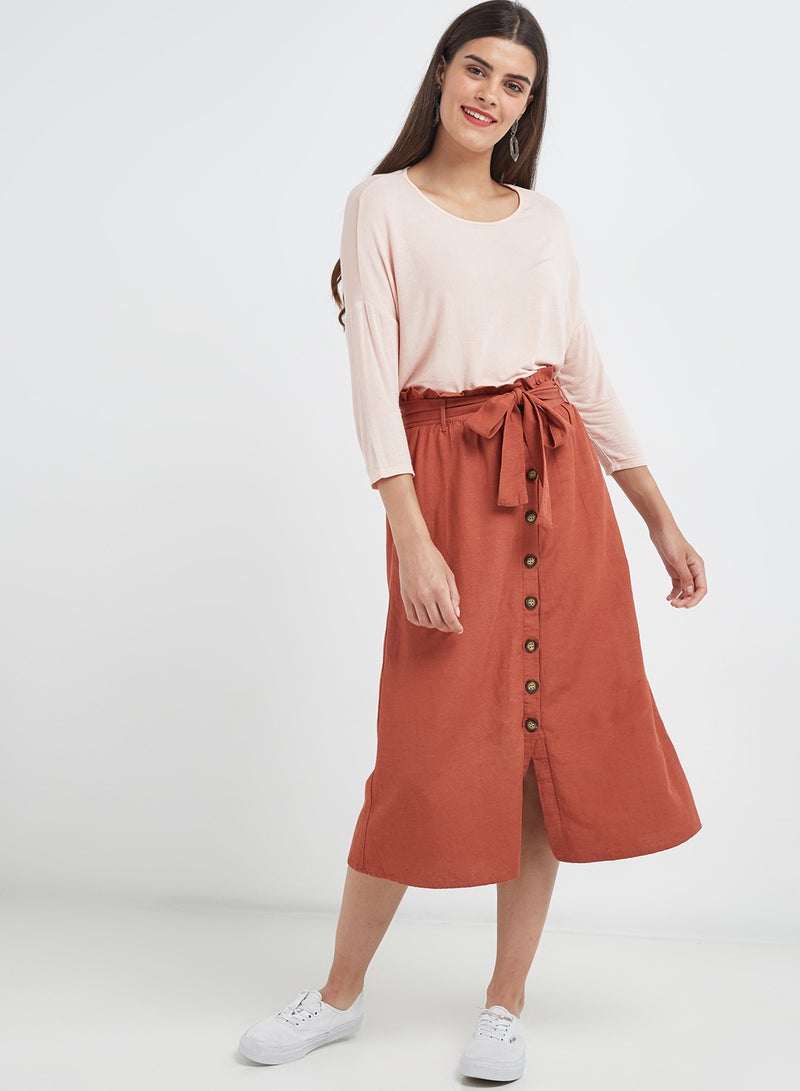 PIECES - Tie Waist Button Down Skirt Brown - Image 1