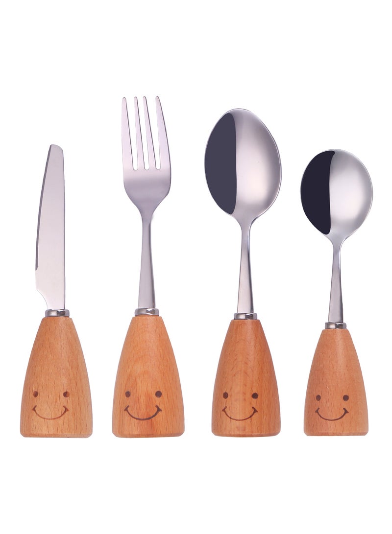 TD HOME - 4-Piece Kids Stainless Steel Knife Fork Spoon Set With Wooden Handle Silver/Brown - Image 1