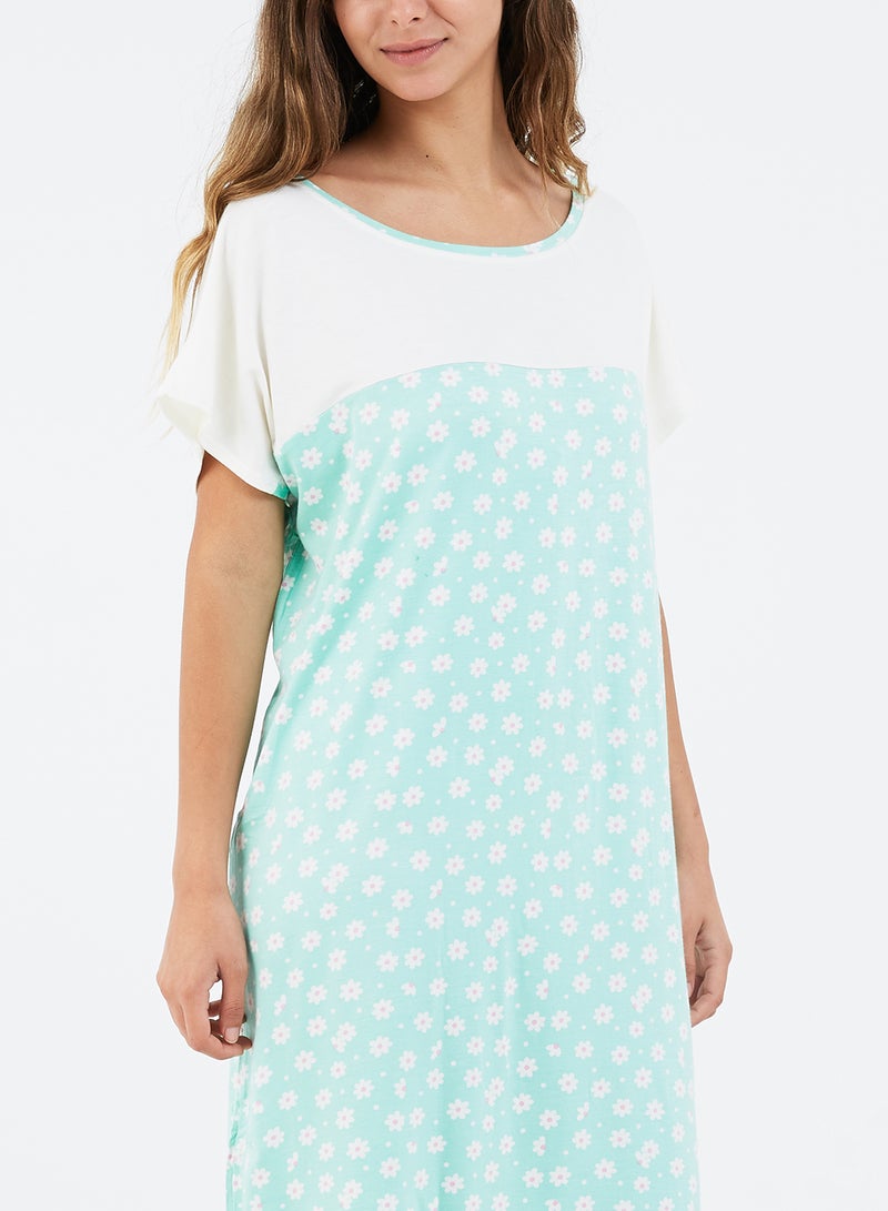 Azul Floral Design Round Neck Dress White/Mint  - Image 3