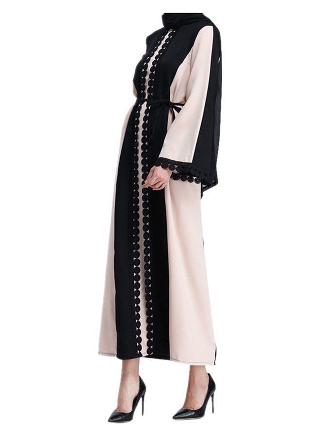 Long Sleeves Embroidery Abaya Black/Beige - Image 4