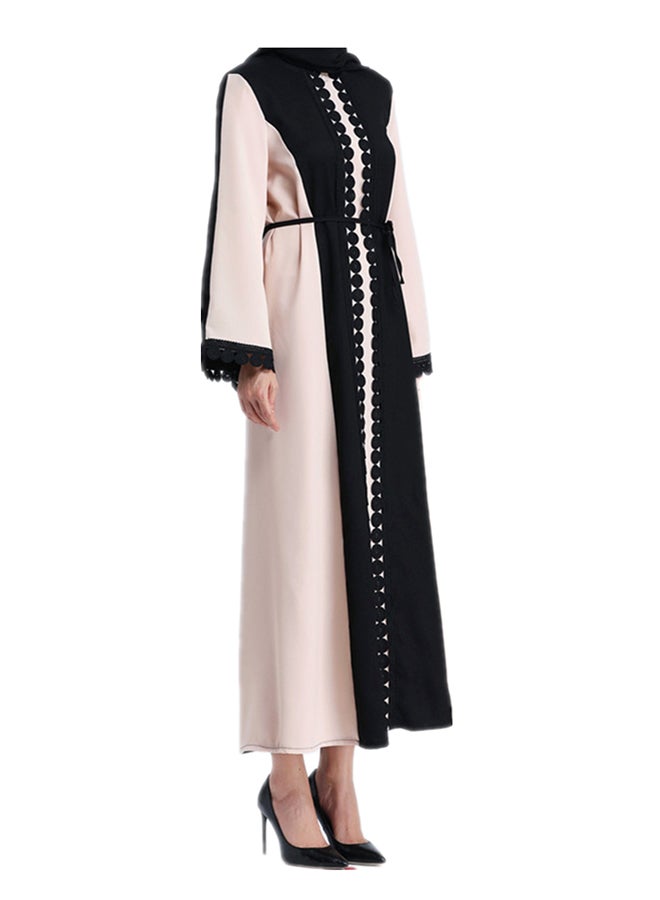 Long Sleeves Embroidery Abaya Black/Beige - Image 3