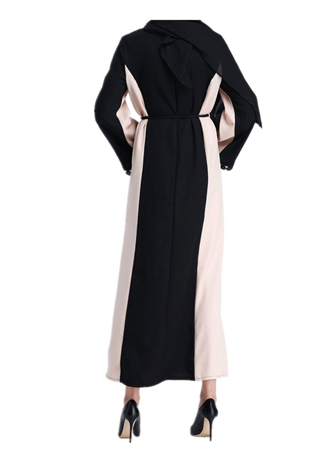 Long Sleeves Embroidery Abaya Black/Beige - Image 5