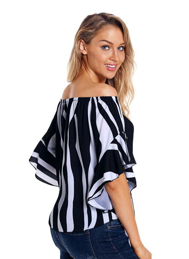 Off Shoulder Beach Wear Lace Up Top Black/White  - Image 2
