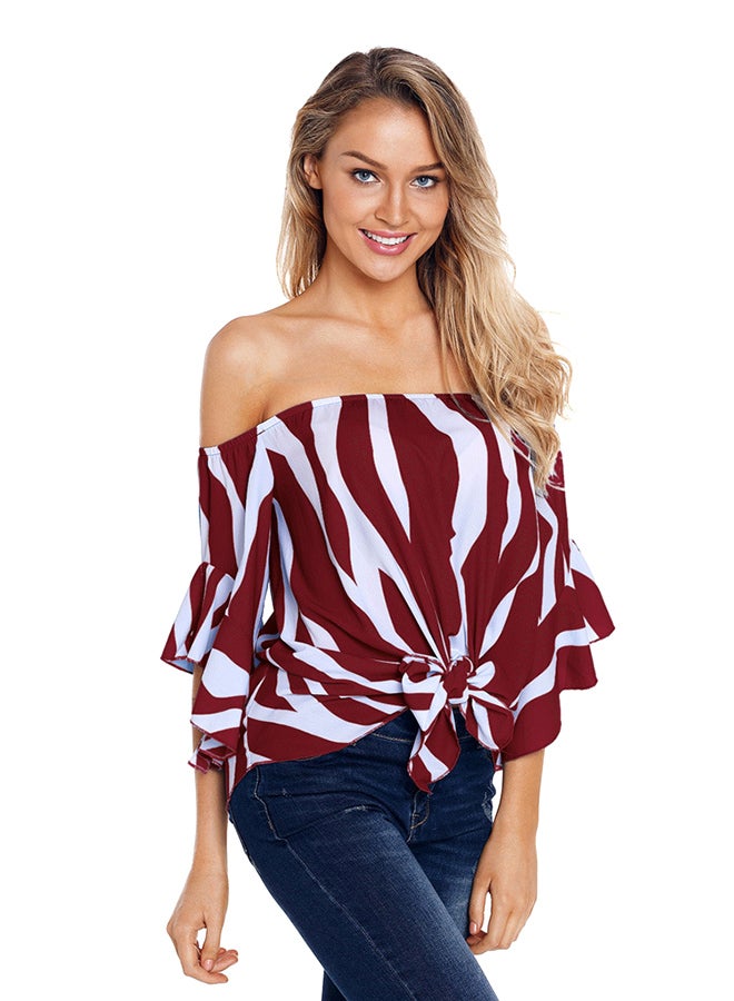 Off Shoulder Beach Wear Lace Up Top Red/White  - Image 1