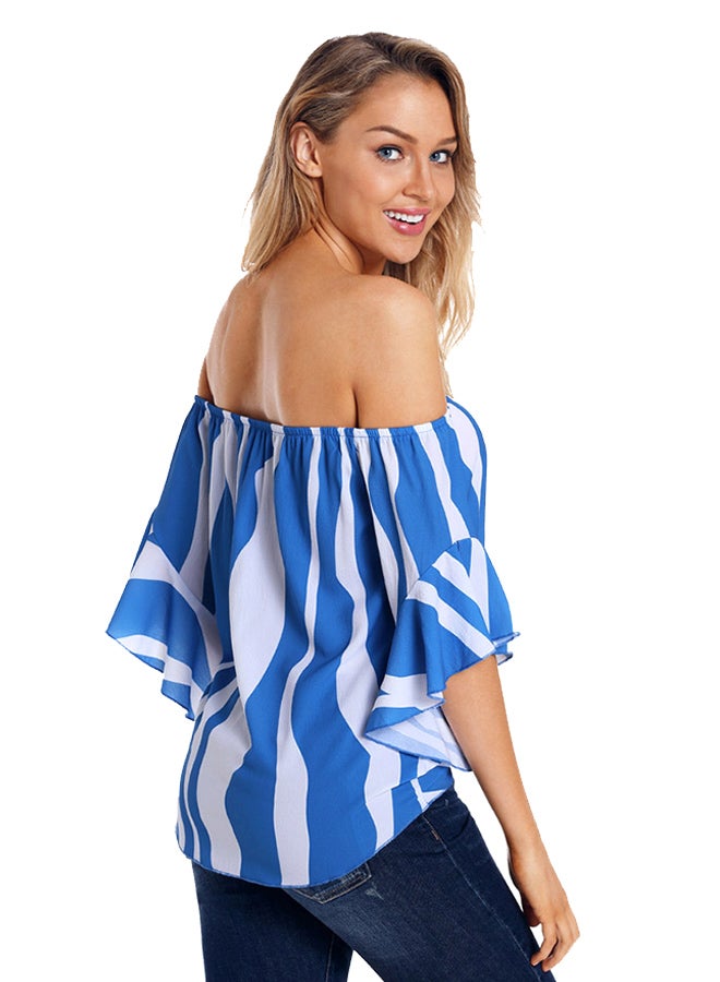 Off Shoulder Beach Wear Lace Up Top Blue/White  - Image 2