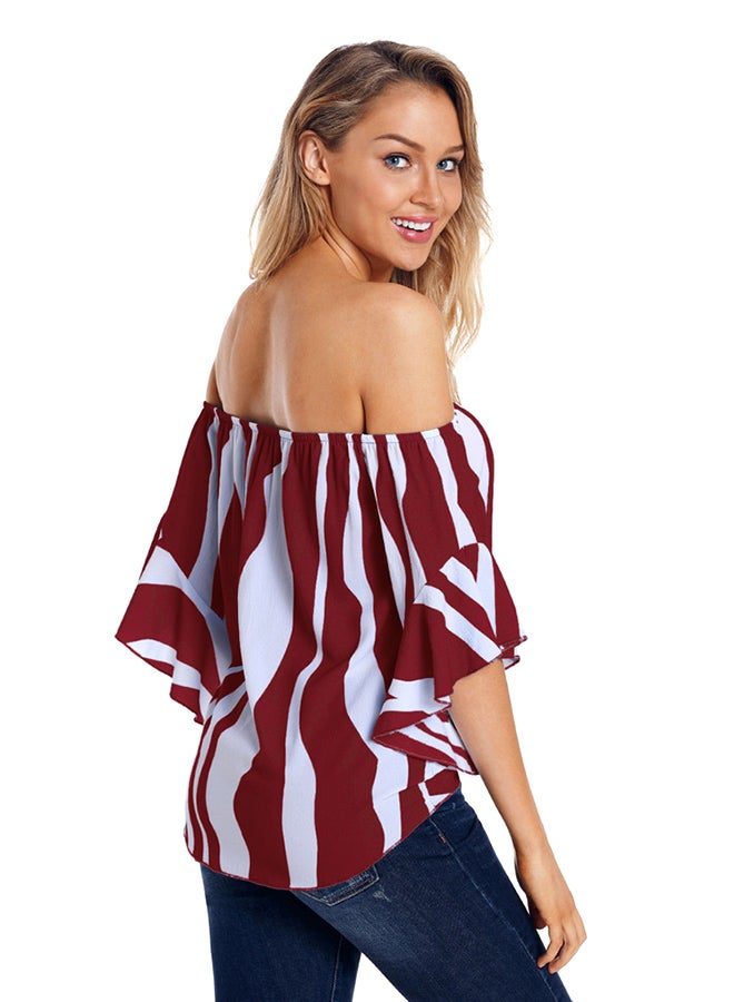 Off Shoulder Beach Wear Lace Up Top Red/White  - Image 2