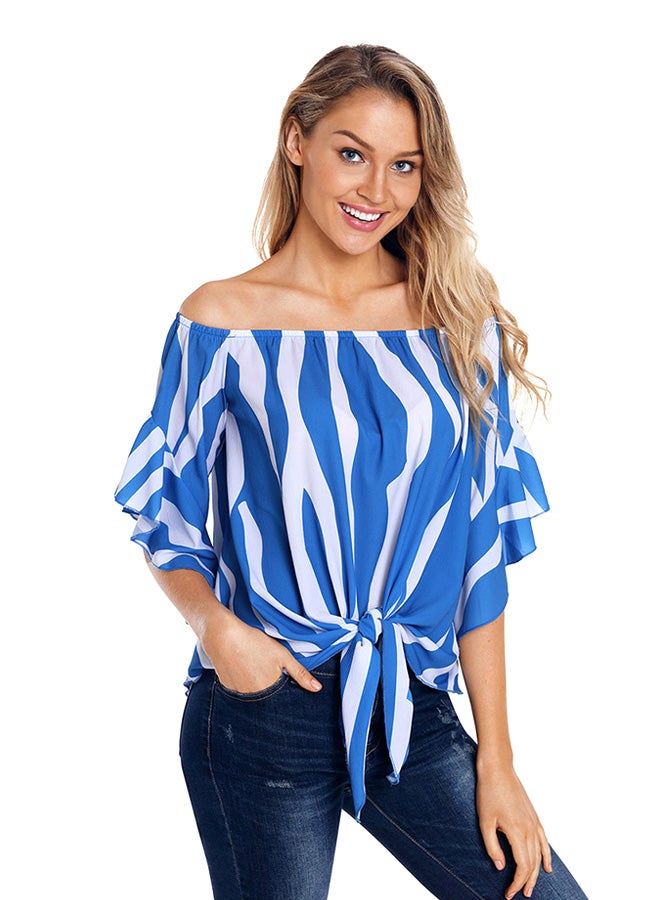 Off Shoulder Beach Wear Lace Up Top Blue/White  - Image 3