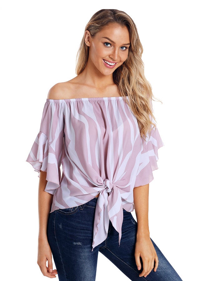 Off Shoulder Beach Wear Lace Up Top Pink/White  - Image 4