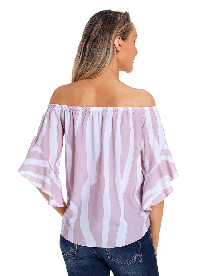 Off Shoulder Beach Wear Lace Up Top Pink/White  - Image 3