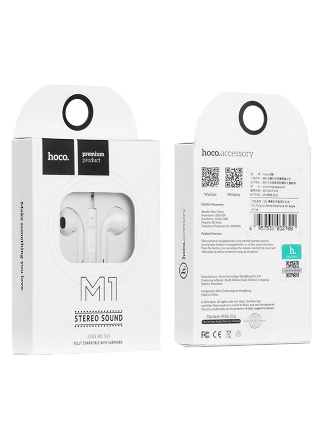 Hoco - In-Ear Wired Earphones With Mic For iPhone White - Image 1
