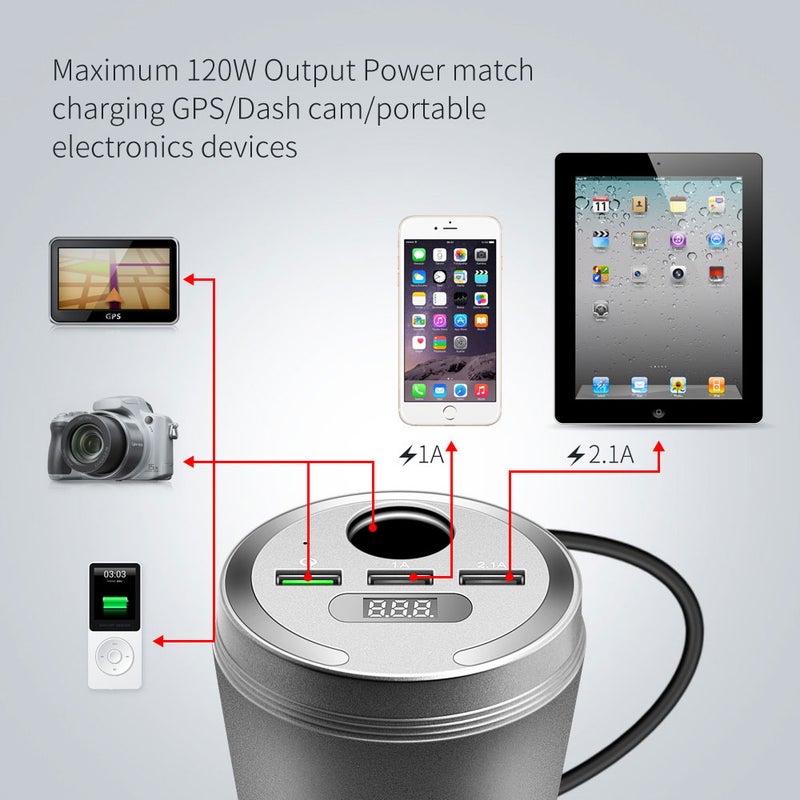 شاحن سيارة بمنفذ USB ثلاثي 3.1 أمبير مع مقبس ولاعة رمادي - Image 5
