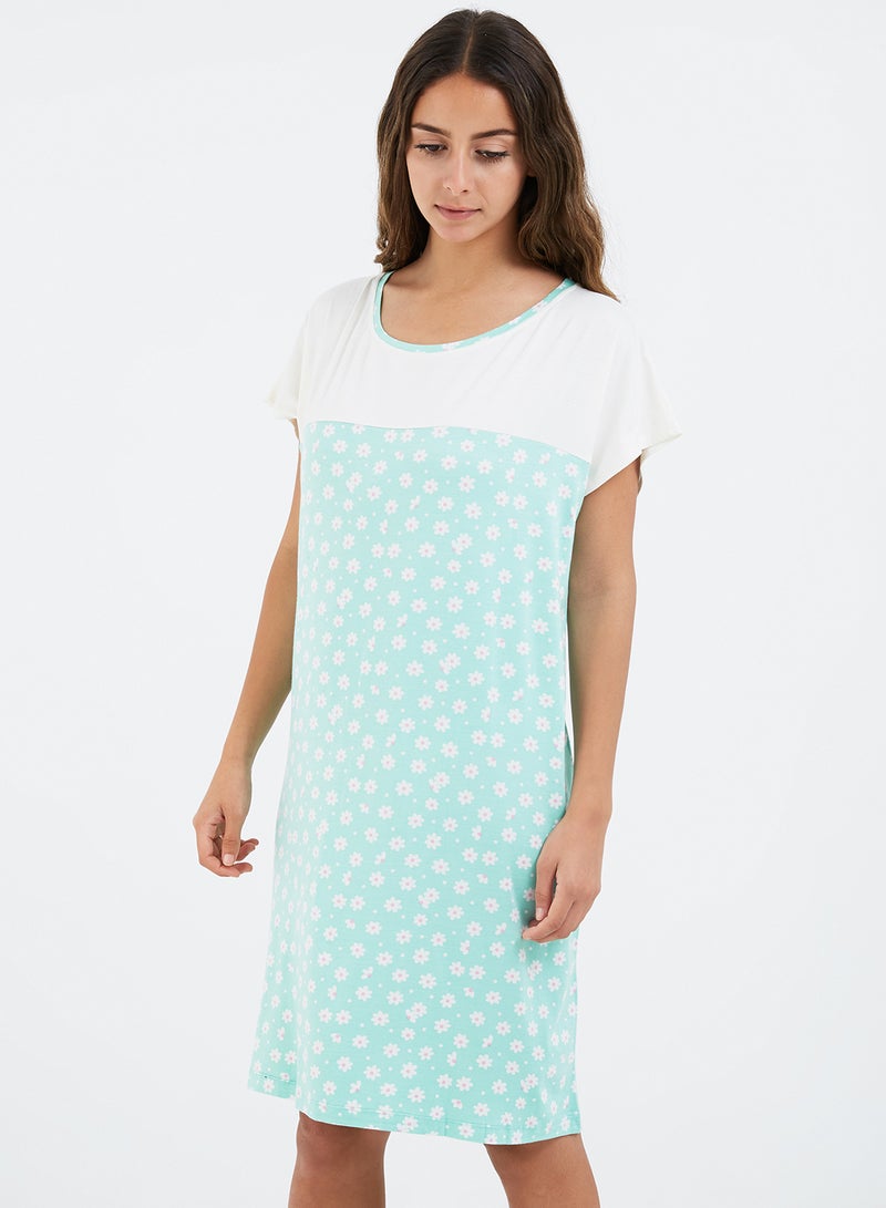 Azul Floral Design Round Neck Dress White/Mint  - Image 1