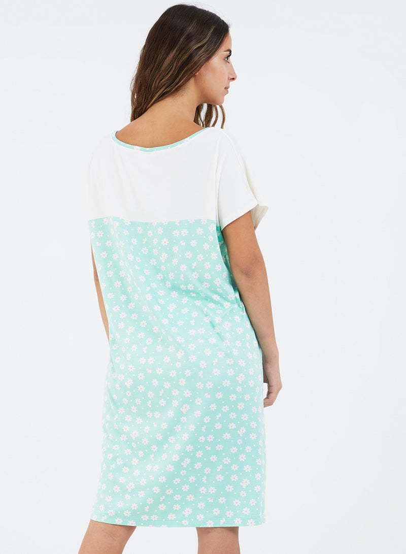 Azul Floral Design Round Neck Dress White/Mint  - Image 2