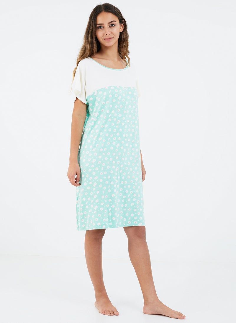 Azul Floral Design Round Neck Dress White/Mint  - Image 4