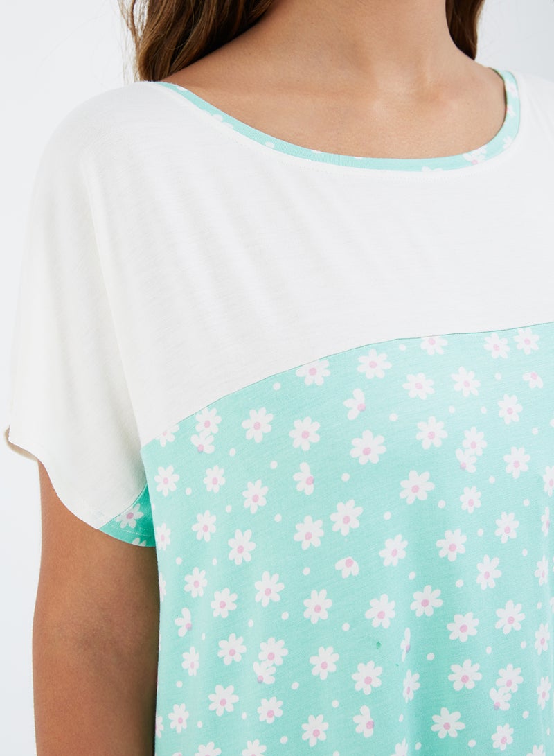 Azul Floral Design Round Neck Dress White/Mint  - Image 5
