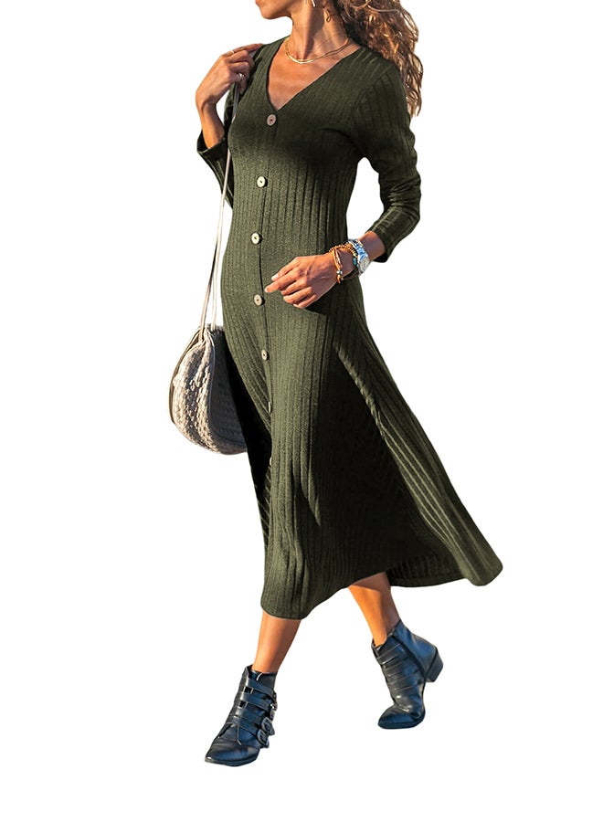 Long Sleeve Front Buttoned Maxi Dress Green  - Image 1