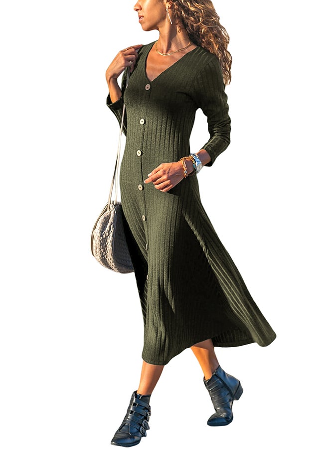 Long Sleeve Front Buttoned Maxi Dress Green  - Image 3