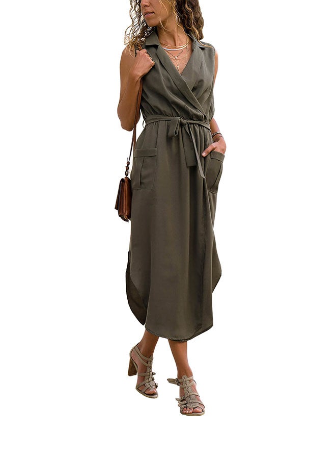Sleeveless Shirt Long Dress with Pockets Green  - Image 1