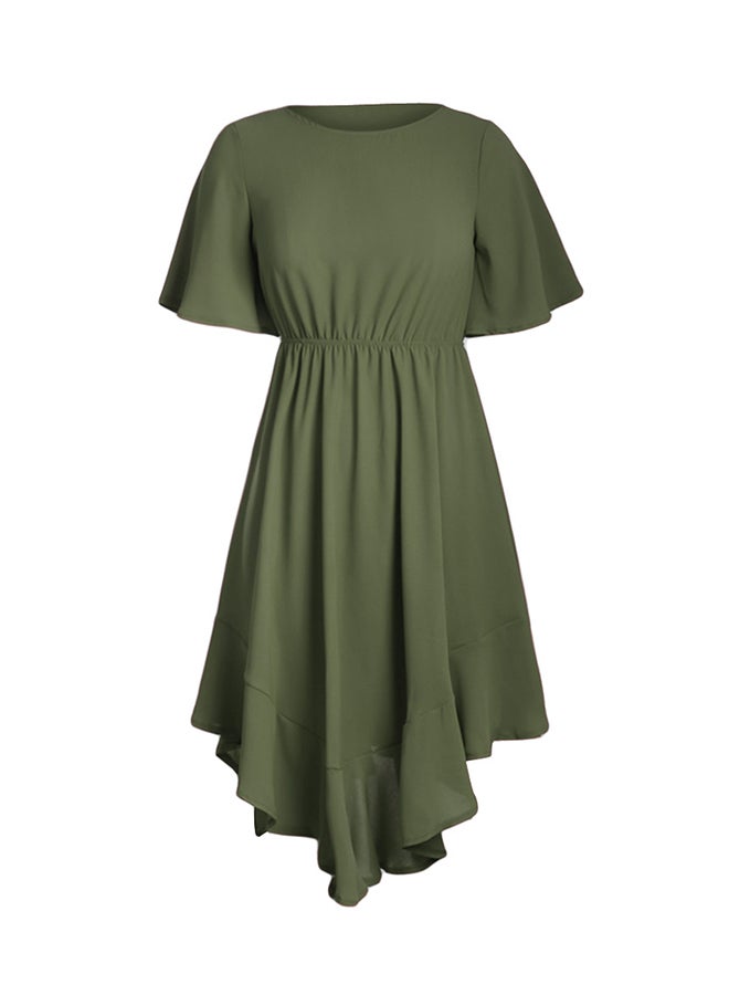 Chiffon Irregular Hem Short Sleeve Pleated Dress Green  - Image 1
