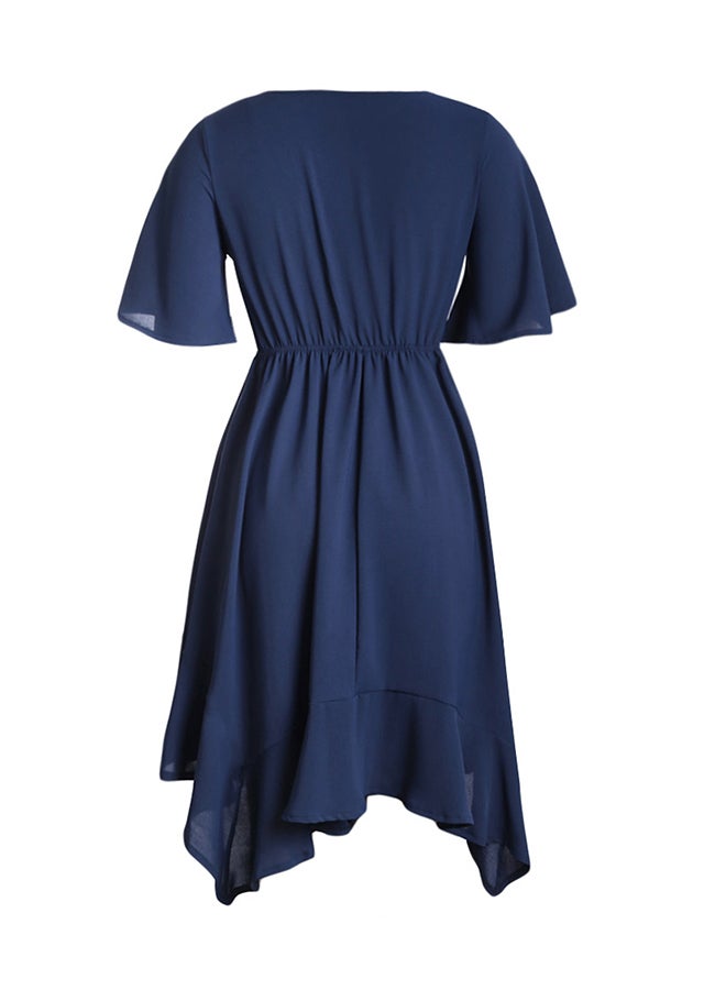 Chiffon Irregular Hem Short Sleeve Pleated Dress Blue  - Image 2