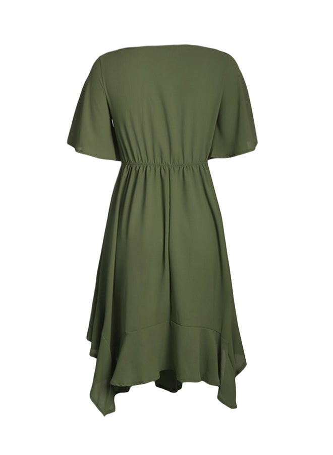 Chiffon Irregular Hem Short Sleeve Pleated Dress Green  - Image 2
