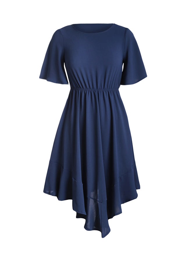 Chiffon Irregular Hem Short Sleeve Pleated Dress Blue  - Image 1