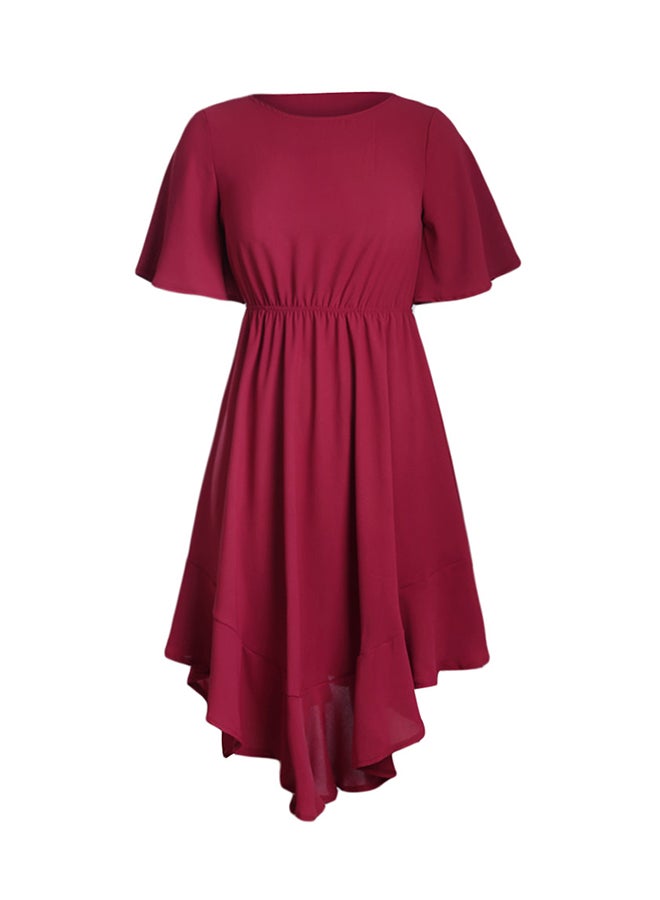 Chiffon Irregular Hem Short Sleeve Pleated Dress Red  - Image 1