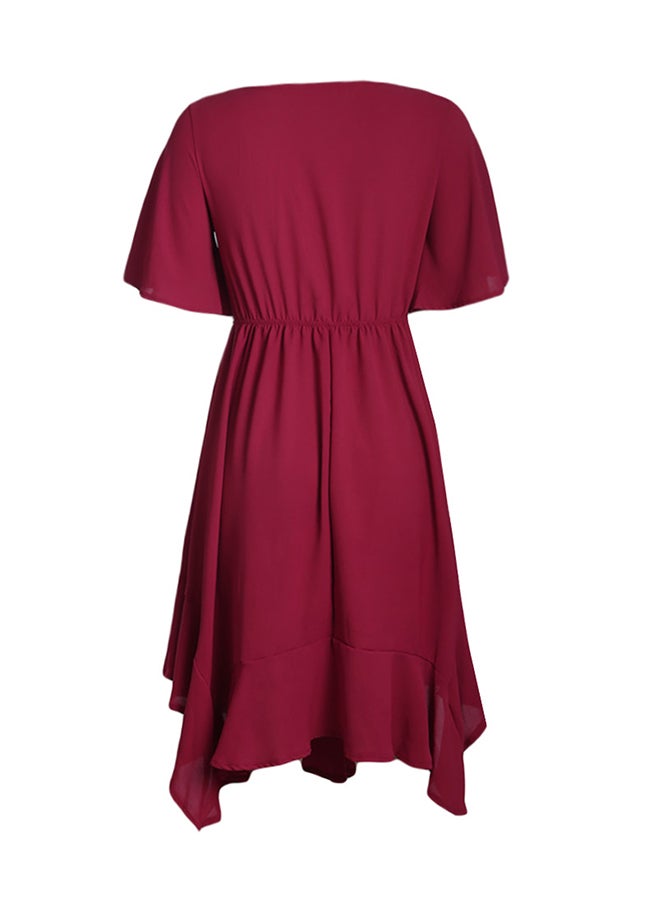 Chiffon Irregular Hem Short Sleeve Pleated Dress Red  - Image 2