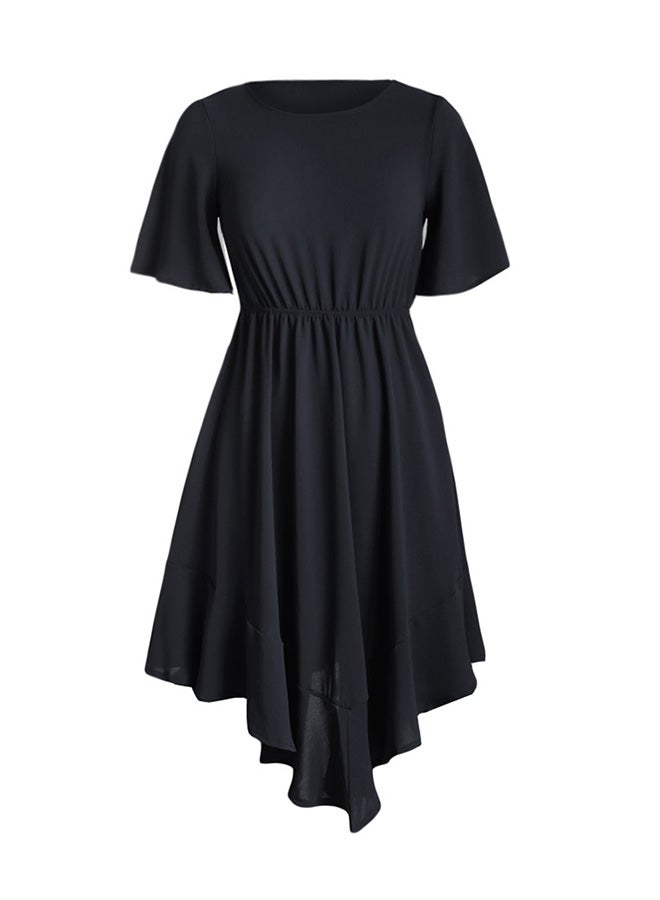 Chiffon Irregular Hem Short Sleeve Pleated Dress Black  - Image 1
