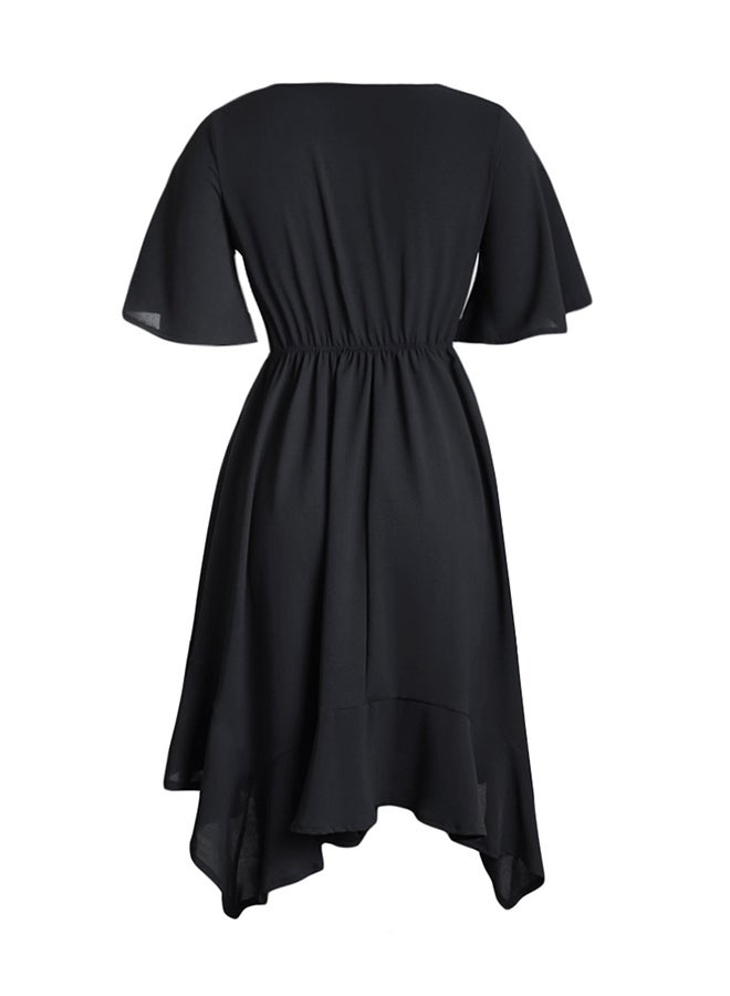 Chiffon Irregular Hem Short Sleeve Pleated Dress Black  - Image 2