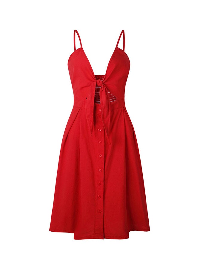 Solid Pattern Midi Dress With Tie-Up Front Red  - Image 1
