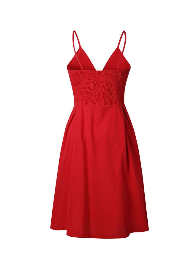 Solid Pattern Midi Dress With Tie-Up Front Red  - Image 2